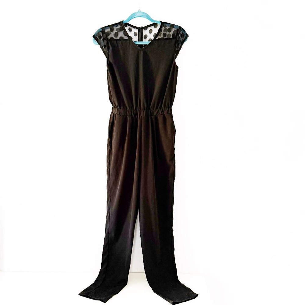 Uptown XS dressy jumpsuit with black polka dot mesh shoulders and sleeves